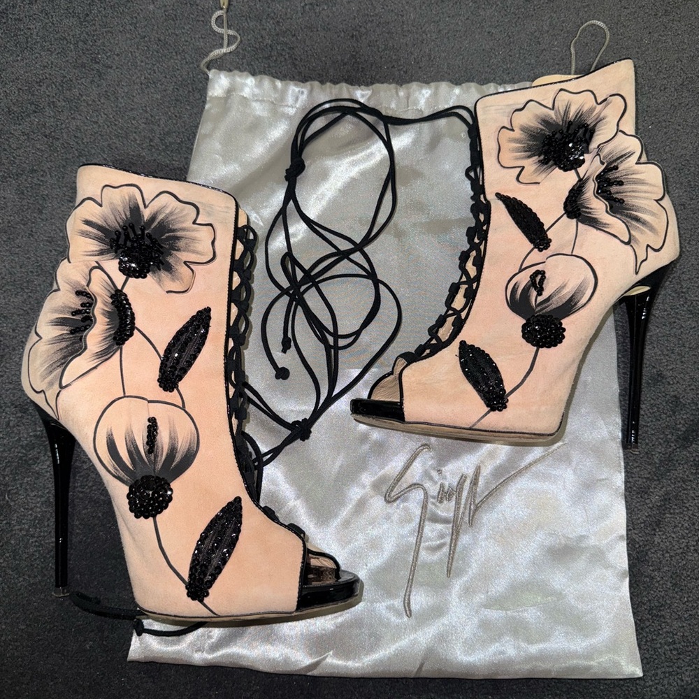 Giuseppe Zanotti Pink Floral Lace-Up Peep-Toe Stiletto Booties
